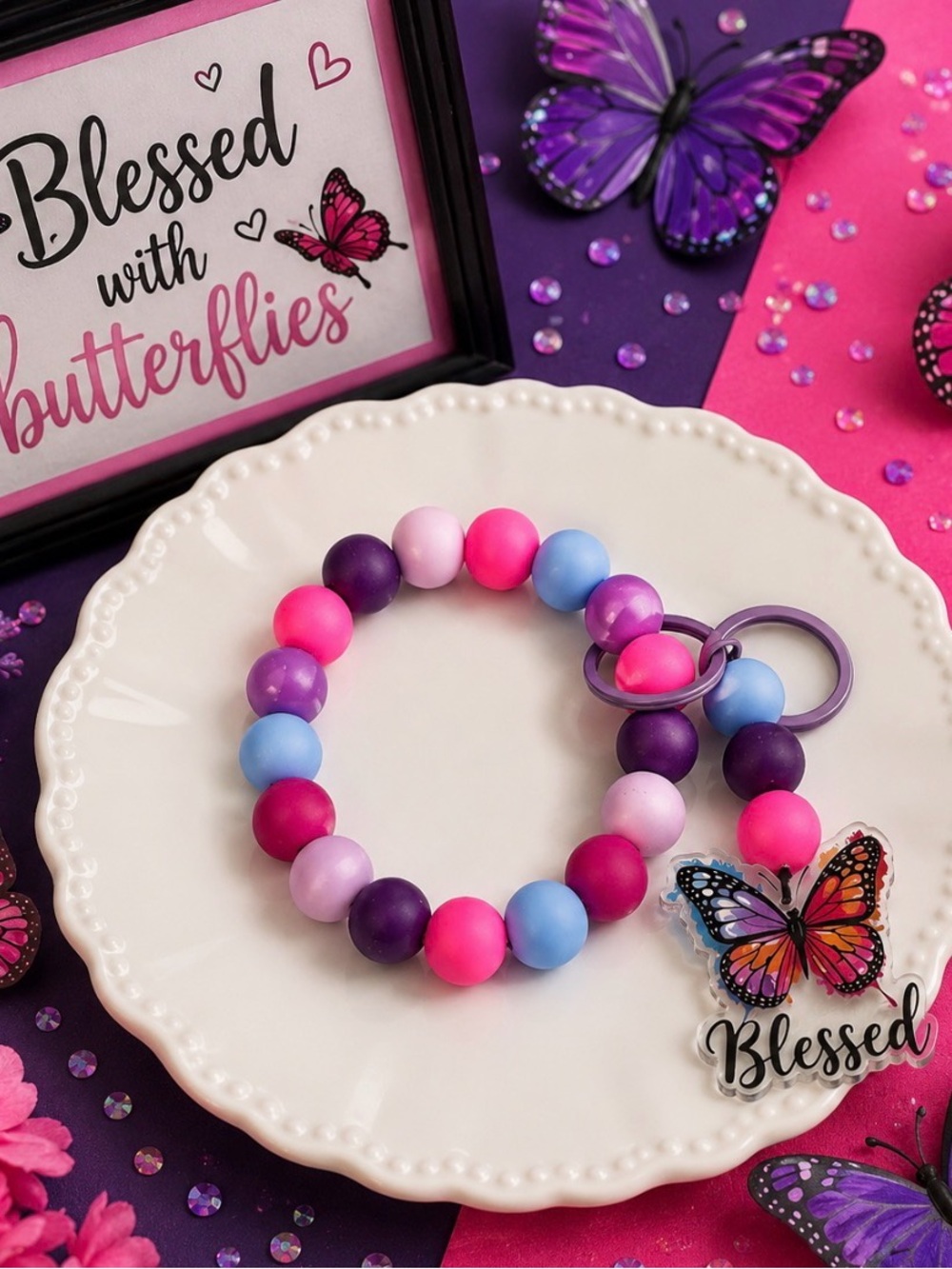 Colorful Beaded Wristlet Keychain with Butterfly Charm